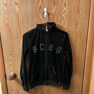 BCBGMaxAzria Black Velour Zip-Up Jacket with Rhinestone Logo